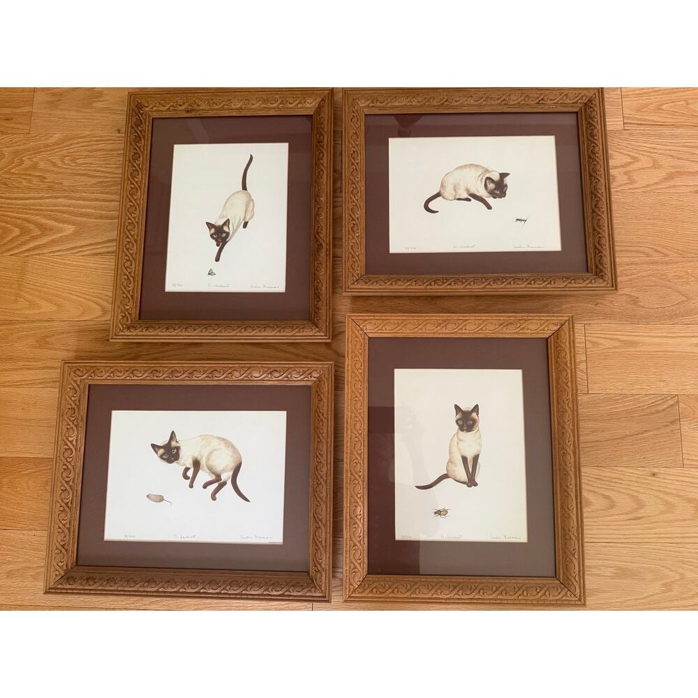 Series of 4 Limited Edition 33/500 Signed Siamese Cat Illustrations 16.5X13.5"
